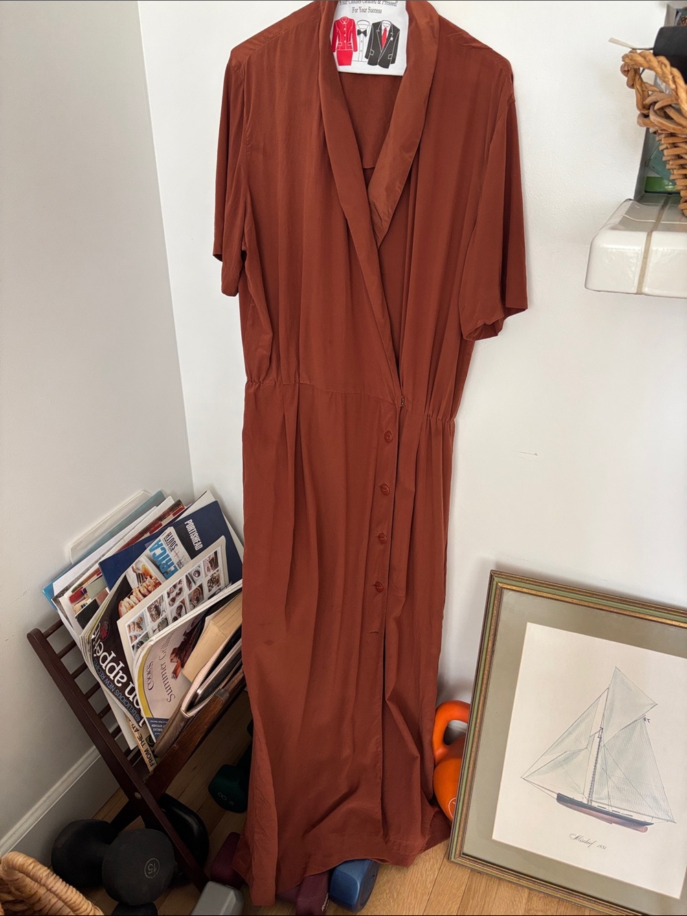 VINTAGE 90s Liz Claiborne Rust Button-Front Wrap Maxi 100% Silk Dress
